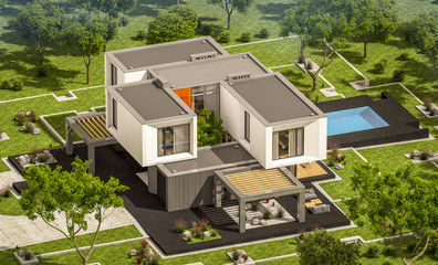 3d rendering of modern house in the garden