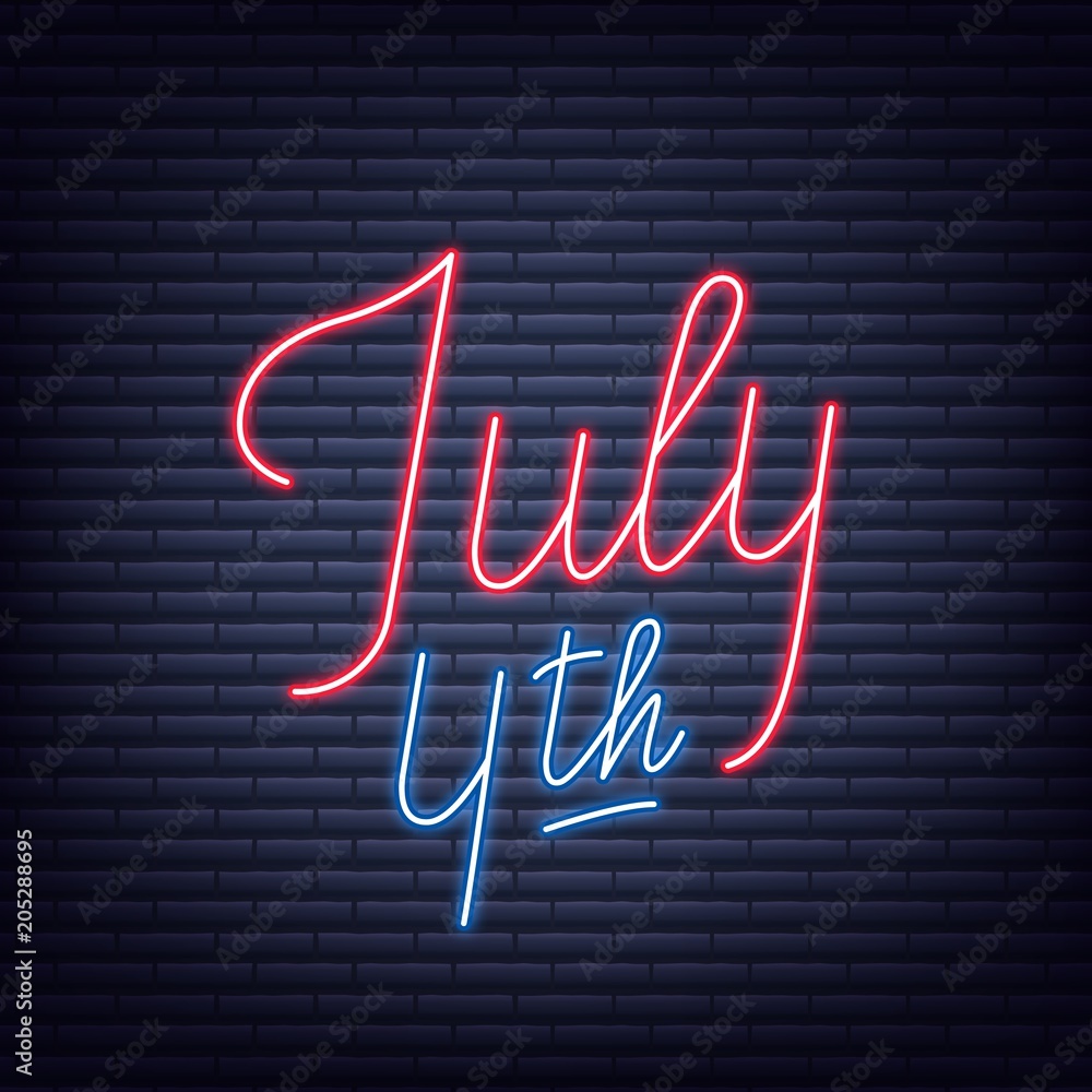 Wall mural July Fourth. Neon sign of lettering logo for USA Independence Day celebration