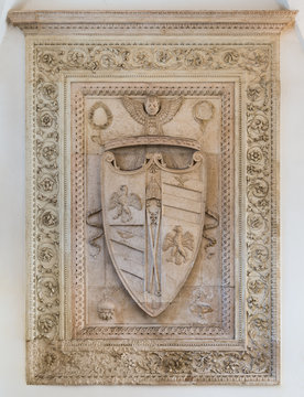 Duchy of Urbino and Montefeltro Family coat of arms in the Ducal Palace of Urbino, city and World Heritage Site in the Marche region of Italy.
