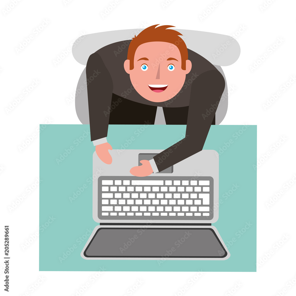 Poster aerial view of man working with computer vector illustration design