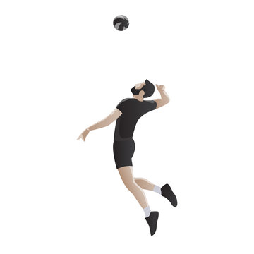 Volleyball player in black jersey serving ball, flat design vector illustration, side view