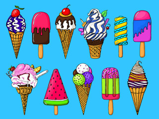 Realistic Sweet ice cream with caramel and waffle cone, chocolate and lollipops and strawberry, tasty fruit jelly and watermelon. Holiday colors in modern style. Engraved hand drawn vintage sketch.