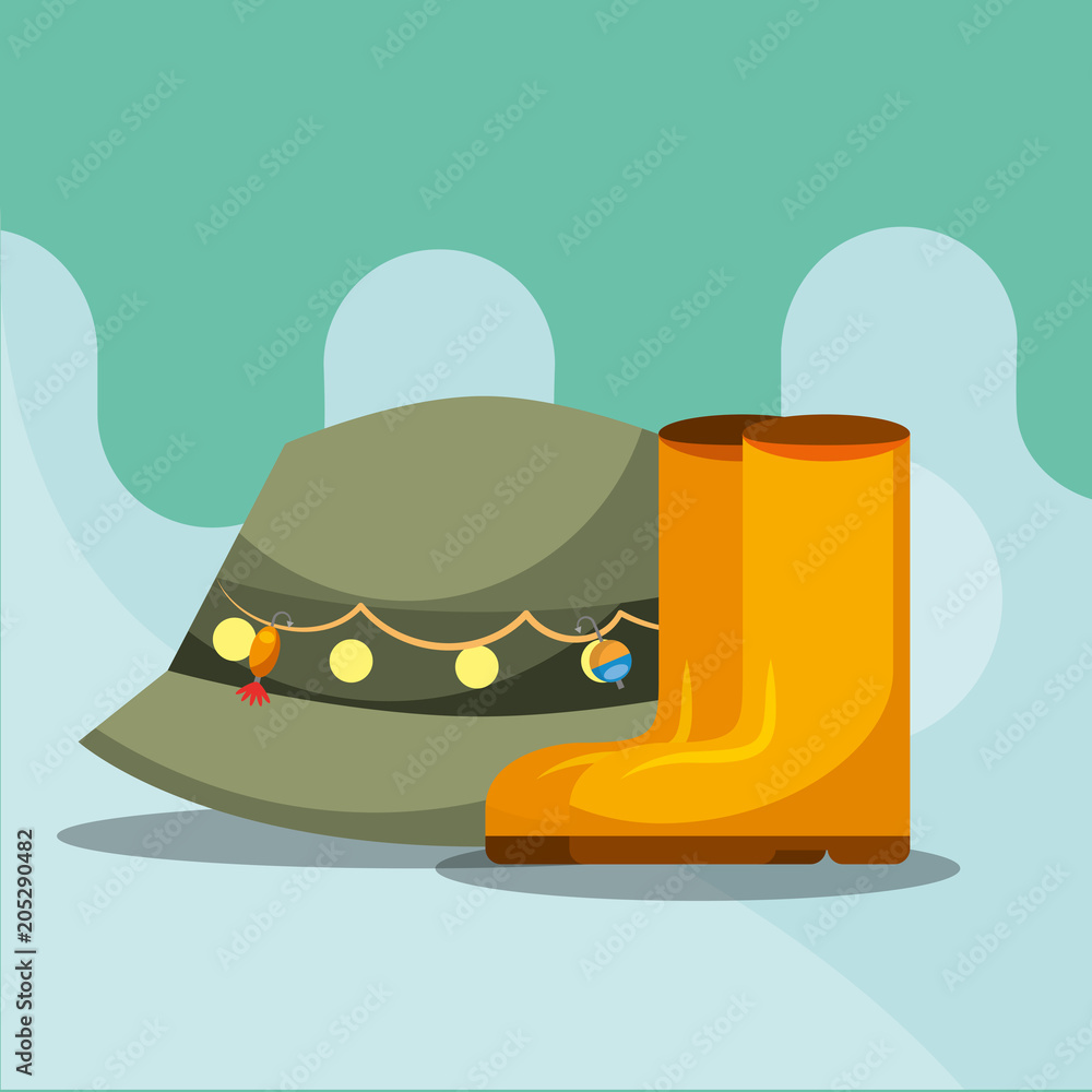 Canvas Prints rubber boots and hat fishing equipment vector illustration