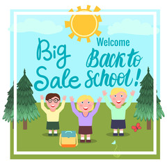Big Sale Welcome Back to school. Cartoon girl and boys outdoors.