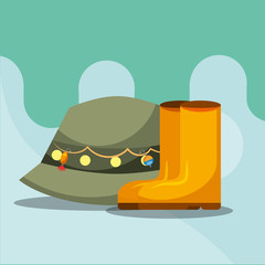 rubber boots and hat fishing equipment vector illustration