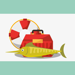 fishing equipment fish tackle box and lifebuoy vector illustration