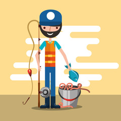fisherman holds rod and fish with bucket worms cartoon vector illustration