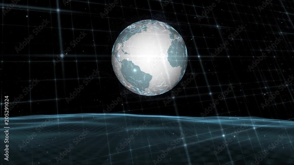 Poster futuristic earth planet rotating with wavy artistic foreground animation. view from space.