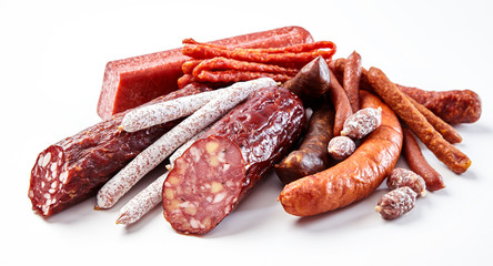 Display of a variety of seasoned spicy sausages