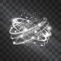 Vector silver light discs hazy effect. Cold glowing swirling storm scribble sphere of shining stardust sparkles on transparent background. Glittering blizzard cloud, ice cold magical illumination.