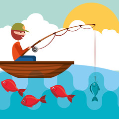 fisherman in the boat with fish in rod hook vector illustration