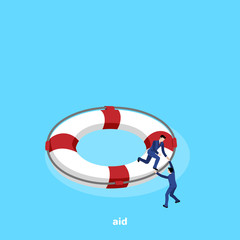 a man in a business suit helps another to climb onto a lifebuoy, an isometric image