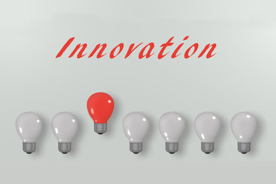 Konzept: Innovation, mit Glühbirnen und Text. 3d render