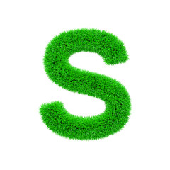 Alphabet letter S uppercase. Grassy font made of fresh green grass. 3D render isolated on white background.