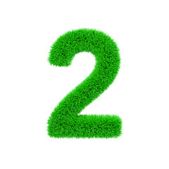 Alphabet number 2. Grassy font made of fresh green grass. 3D render isolated on white background.