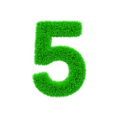Fototapeta premium Alphabet number 5. Grassy font made of fresh green grass. 3D render isolated on white background.