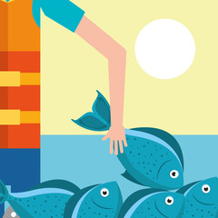 Obraz premium portrait fisherman holds blue fish vector illustration