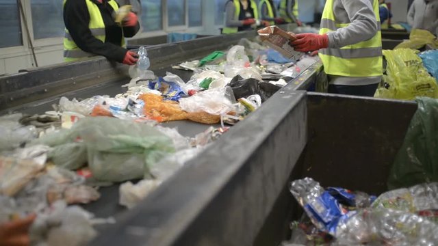 Workers Hands sorting Plastic waste moving on Conveyor, Garbage sorting Station