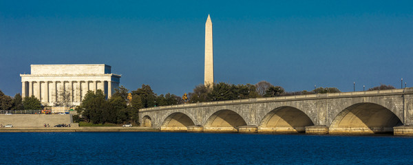 APRIL 10, 2018 - WASHINGTON D.C. - Memorial Bridge spans Potomac River and features Lincoln...