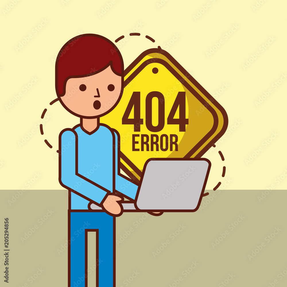 Poster boy holds laptop with 404 error page not found message vector illustration