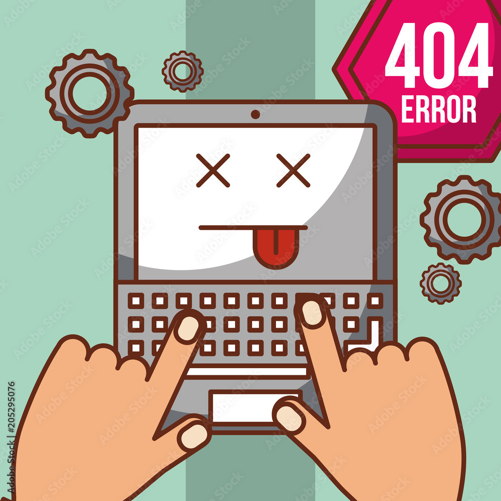 Poster hands typing in laptop with notice 404 error page not found vector illustration