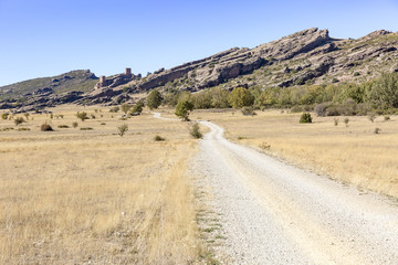 landscape with a country road and the Castle of Zafra in Campillo de Duenas, Province of Guadalajara, Spain