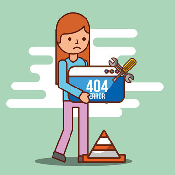 girl cartoon holds website tools 404 error page not found vector illustration