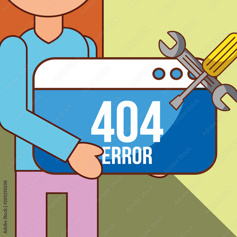 Poster girl character and web site support 404 error page not found vector illustration