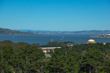 Fototapeta premium San Francisco Bay View. Fantastic view on park, blue bay with ships and blue skyline.