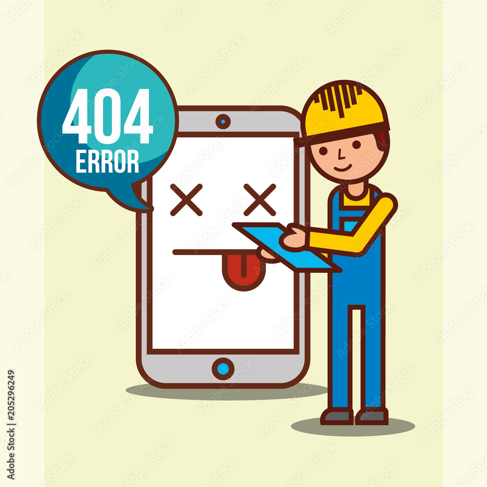 Poster worker and mobile with 404 error page not found vector illustration