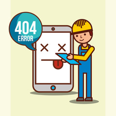 worker and mobile with 404 error page not found vector illustration