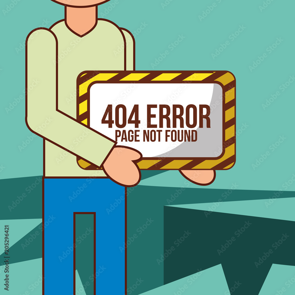 Poster man cartoon holds 404 error page not found board vector illustration