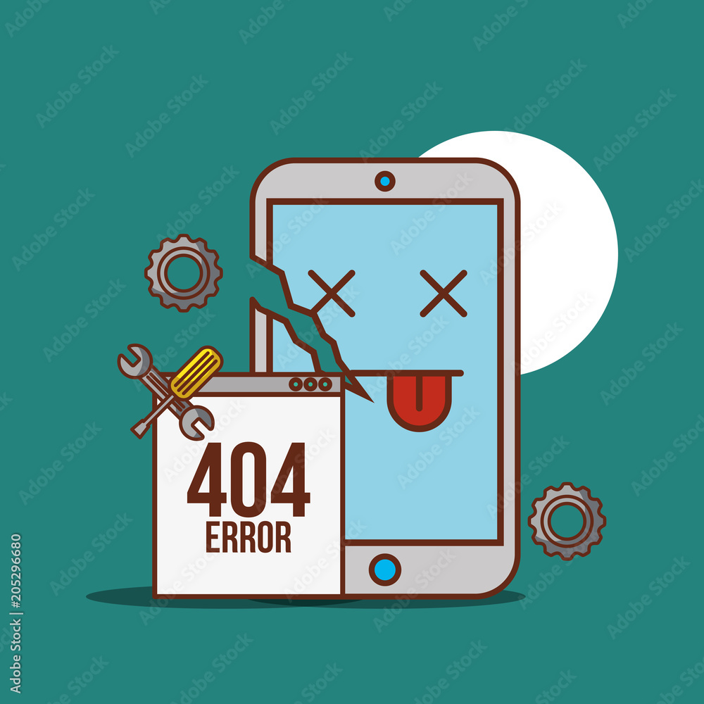 Poster broken smartphone 404 error support tools vector illustration
