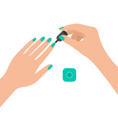 Girl paints her fingernails with gel. View from above. Vector illustration