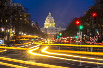 APRIL 11, 2018 WASHINGTON D.C. - Pennsylvania Ave to US Capitol with.Streaked lights going towards...