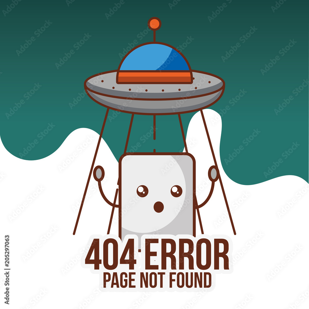 Wall mural ufo spaceship message 404 error page not found vector illustration