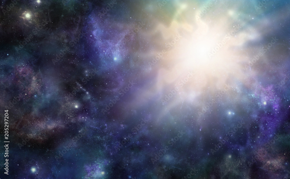 Wall mural deep space cosmic event - wide panel of dark starry outer space with a massive irregular shaped ligh