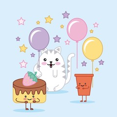 kawaii happy birthday cat cake and soda cartoon vector illustration