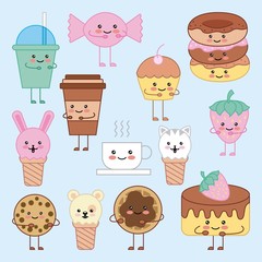 kawaii ice cream cake cookie candy cartoon pattern vector illustration