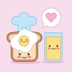 kawaii egg bread juice breakfast cartoon vector illustration