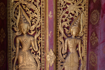 Laos, November 2016. Interior in Buddhist temple