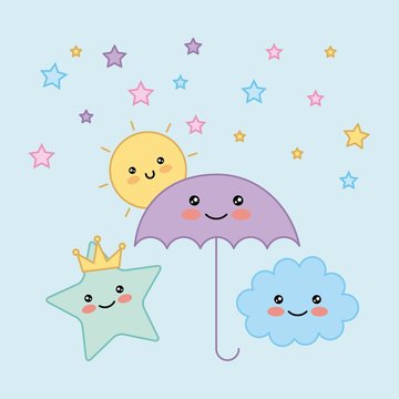 kawaii umbrella star cloud sun cartoon vector illustration © Gstudio