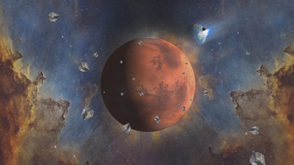 Fototapeta na wymiar Mars, The red planet. In the back side World and moon. Orion nebula, meteorites, aliens. Fantastic and realistic rendering.
