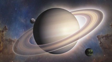 Obraz premium Planet of Solar system Saturn and satellite Titan. Surrealistic and fantastic 3D rendering. Clouds, stars, Orion nebula, meteorites.