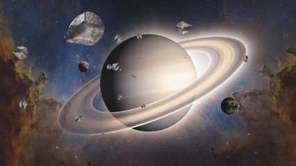 Planet of Solar system Saturn and satellite Titan. Surrealistic and fantastic 3D rendering. Clouds, stars, Orion nebula, meteorites. © Ser