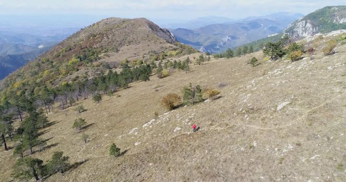 Aerial view of man hiking on the mountain - Domogled, Transylvania