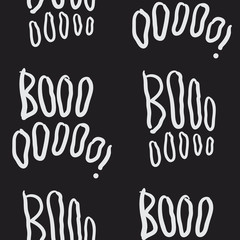 Seamless pattern with handwritten text, Boo. Fantastic repeating doodle texture for halloween. Black and white creative vector background. Cute spooky concept.