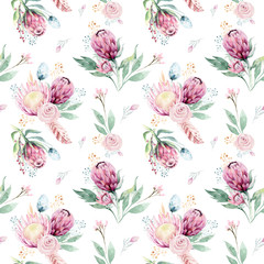 Hand drawing watercolor floral pattern with protea rose, leaves, branches and flowers. Bohemian seamless gold pink patterns prorea. Background for greeting wedding card.