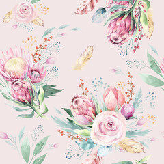 Hand drawing watercolor floral pattern with protea rose, leaves, branches and flowers. Bohemian seamless gold pink patterns prorea. Background for greeting wedding card.