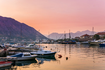 Beautiful Kotor bay and Kotor cityscape at dusk with marina and